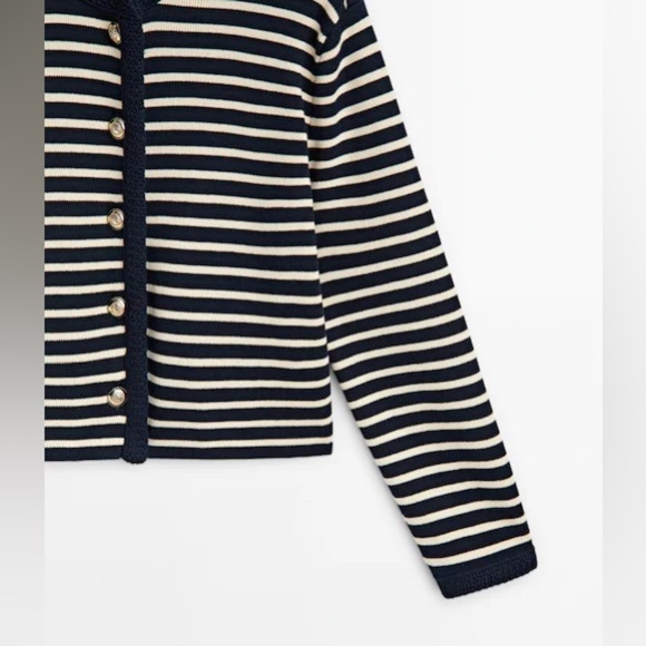 NWT. Massimo Dutti Navy Blue/Ecru Striped Gold-Toned Buttons Cardigan. Size M. - Picture 5 of 8